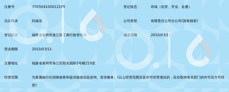 福建泉州宝中国际旅行社有限公司洛江营业部_